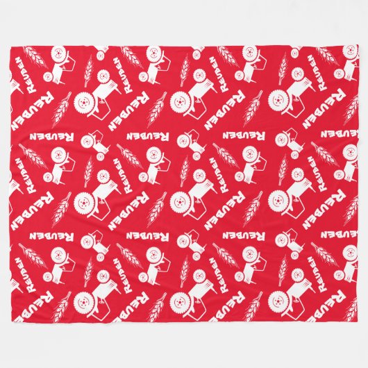 小麦ファームスタイル化トラクターグラフィック名レッドホワイト フリースブランケット (正面(横))