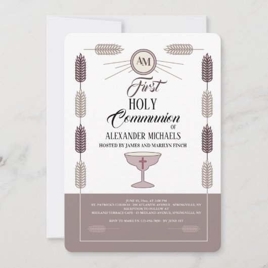 小麦フレームの聖体拝領招待状 招待状 (正面)