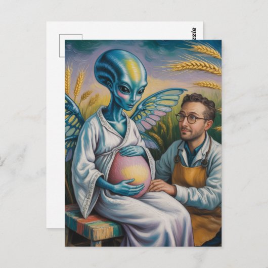 小麦畑に翼を持つ妊娠エイリアン ポストカード (正面/裏面)