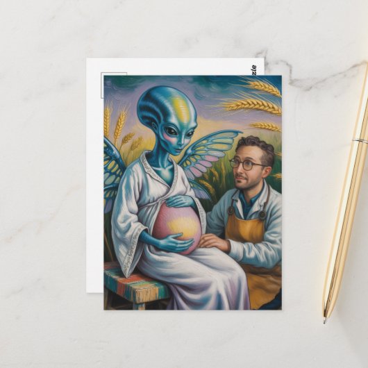 小麦畑に翼を持つ妊娠エイリアン ポストカード (正面/裏面インサイチュ)
