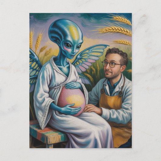 小麦畑に翼を持つ妊娠エイリアン ポストカード (正面)
