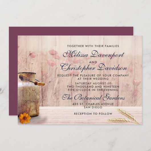 小麦素朴と花の入ったミルク結婚缶 招待状 (正面/裏面)