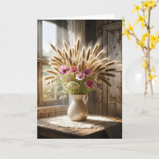小麦茎ワイルドフラワーブーケ悔やみや弔慰 カード (黄色い花)