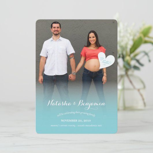 少しこんにちは青い妊娠の写真の発表 案内状 (スタンド正面)