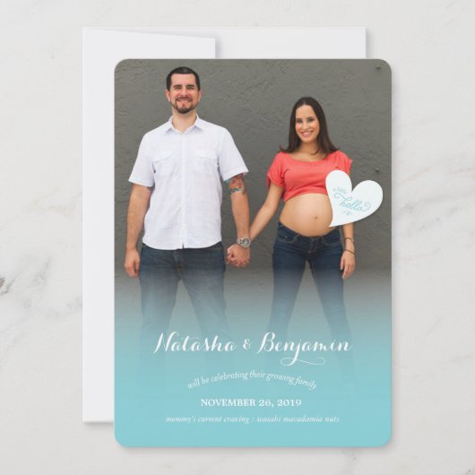 少しこんにちは青い妊娠の写真の発表 案内状 (正面)