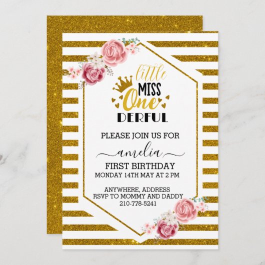少しの不思議が素敵な1歳の誕生日 ゴールドグリッター 招待状 (正面/裏面)