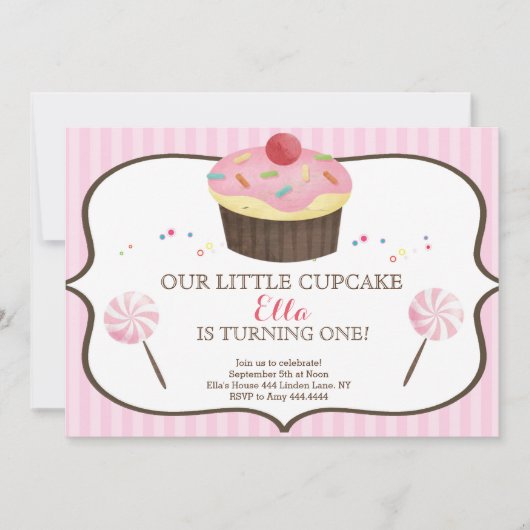 少しカップケーキの最初誕生日キャンデーの土地 招待状 (正面)