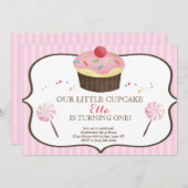 少しカップケーキの最初誕生日キャンデーの土地 招待状 (正面/裏面)