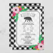 少しカブスの格子縞の黒 + 白くガーリーなベビーシャワー 招待状 (正面/裏面)
