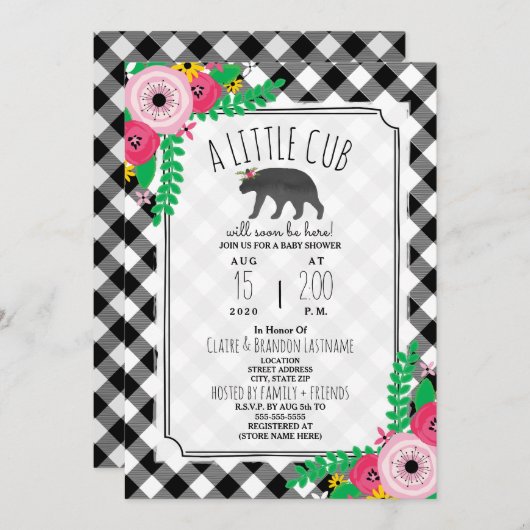 少しカブスの格子縞の黒 + 白くガーリーなベビーシャワー 招待状 (正面/裏面)