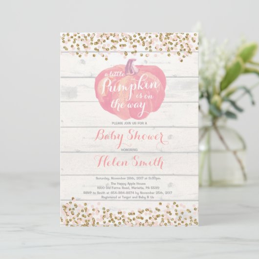 少しカボチャ女の子のベビーシャワーの招待状カード 招待状 (スタンド正面)