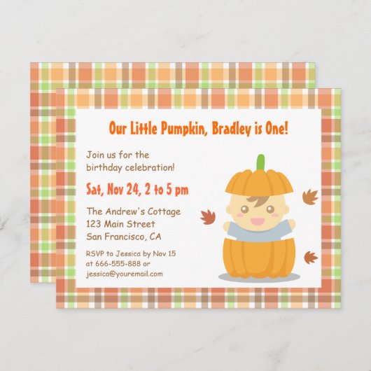 少しカボチャ最初感謝祭の誕生会 招待状 (正面/裏面)