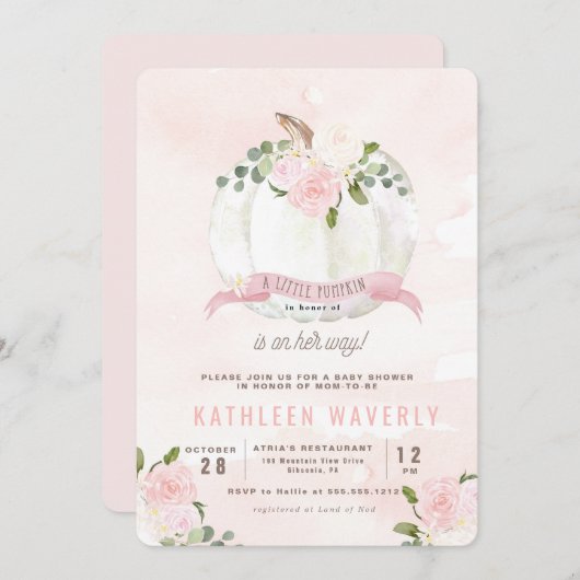 少しカボチャ秋のピンクのベビーシャワーの招待状 招待状 (正面/裏面)
