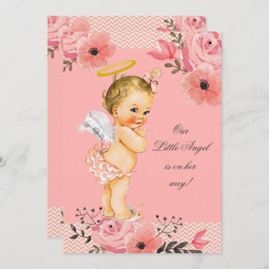 少しブロンドの女性の天使の水彩画によってはベビーシャワーが開花します 招待状 (正面/裏面)
