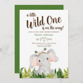 少しワイルドな赤ちゃん象 グリーン ベビーシャワー 招待状 (正面/裏面)