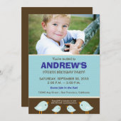 少し小鳥の男の子の青い誕生会 招待状 (正面/裏面)