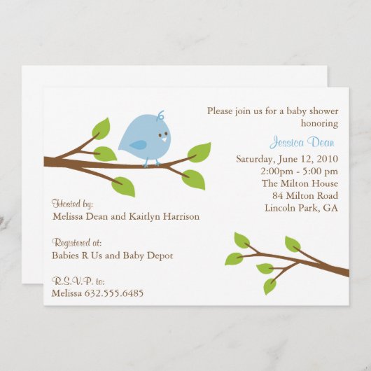 少し小鳥の男の赤ちゃんのシャワーの招待状 招待状 (正面/裏面)