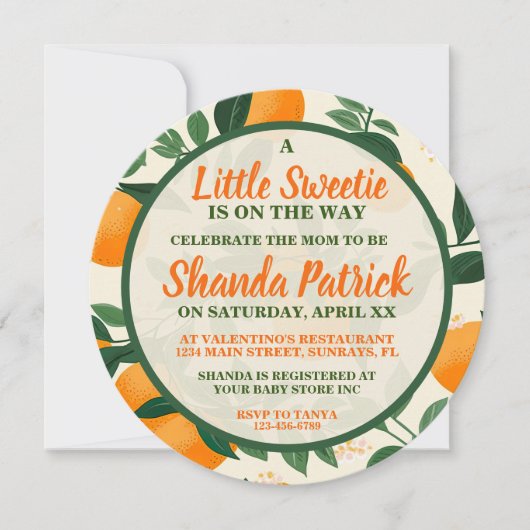 少し甘いオレンジ色のテーマ赤ちゃんシャワー 招待状 (正面)