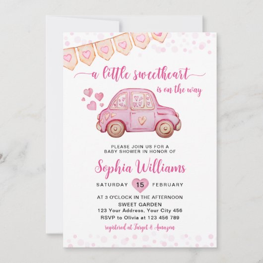 少し甘いバレンタインピンクの車の赤ちゃんシャワー 招待状 (正面)