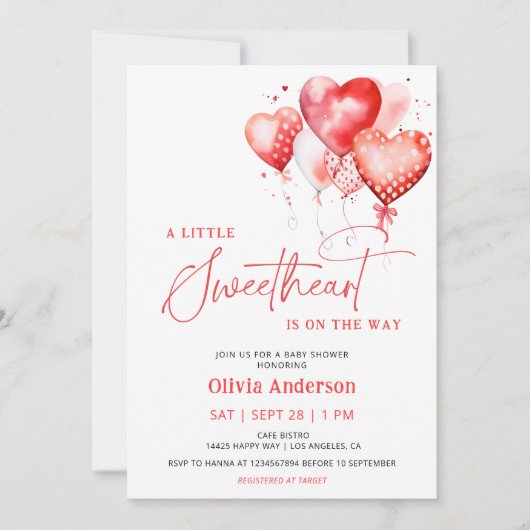 少し甘いバレンタインモダンの赤ちゃんシャワー 招待状 (正面)