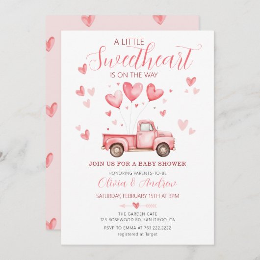 少し甘いピンクのバレンタインの赤ちゃんシャワー 招待状 (正面/裏面)
