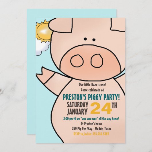 少し豚のような誕生日のパーティの招待状 招待状 (正面/裏面)