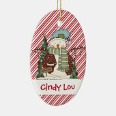 少し雪の人のキャンディ・ケーンの雪だるまのかわいこちゃん セラミックオーナメント (右)