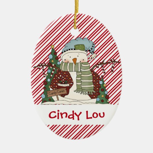 少し雪の人のキャンディ・ケーンの雪だるまのかわいこちゃん セラミックオーナメント (正面)