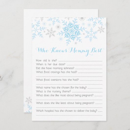 少し雪片の男の赤ちゃんのシャワーのお母さんのクイズの青 招待状 (正面/裏面)