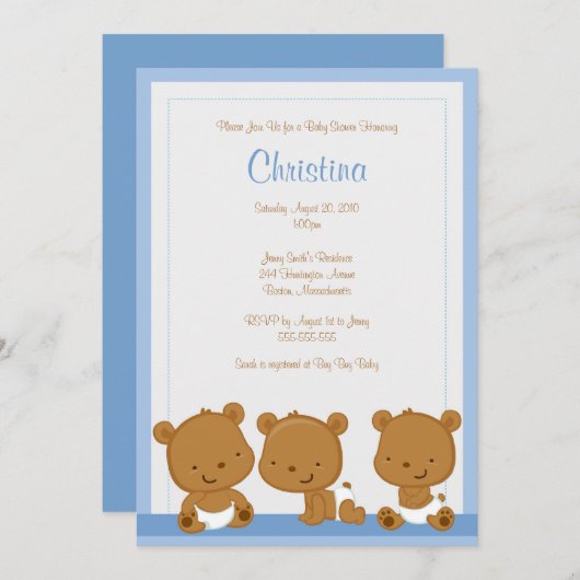 少し青いくまの男の子のベビーシャワーの招待状 招待状 (正面/裏面)