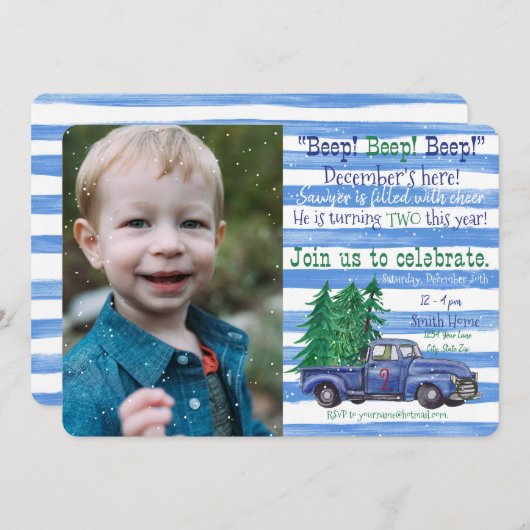 少し青いトラックによってインスパイア休日の誕生日の招待 招待状 (正面/裏面)