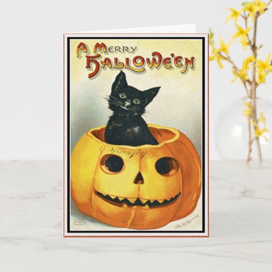 少し黒およびジャックOのランタンのハロウィンカード カード (黄色い花)