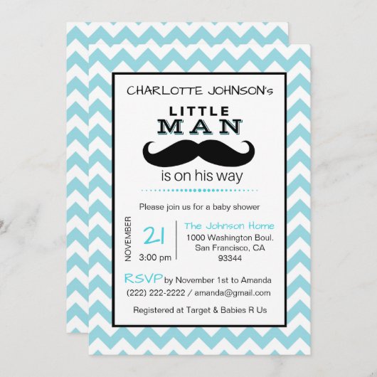 少しLilの人の髭の男の子の青色児のシャワー 招待状 (正面/裏面)