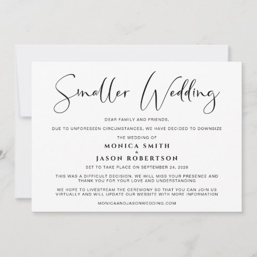少人数の縮小ウェディング　計画変更　エレガント 案内状 (正面)
