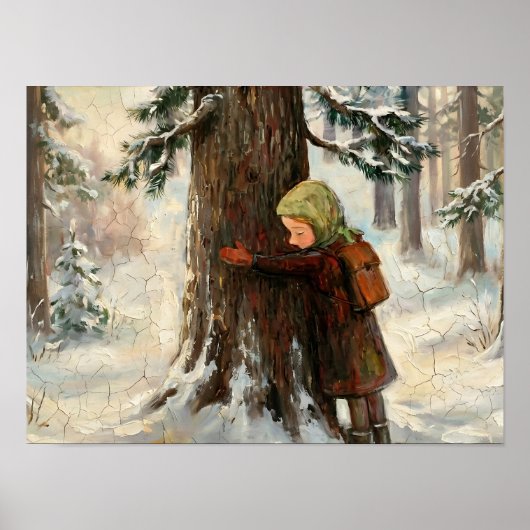 少女が木を抱える冬の絵画 ポスター (正面)