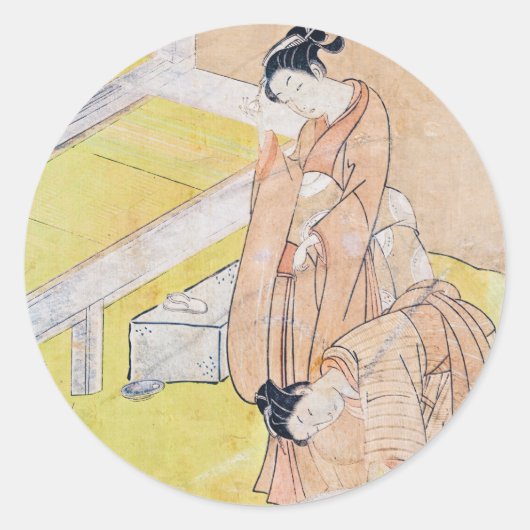 . .少女が池に金魚を投げ込む ラウンドシール (正面)