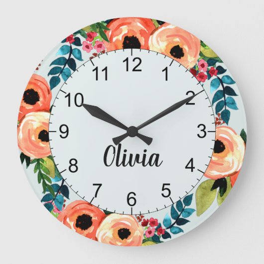 少女たちかわいいフローラ水彩花の名前キッズ ラージ壁時計 (正面)