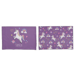 少女たちかわいい紫の一角獣のレインボー&ネームキッズ 枕カバー