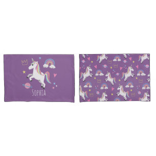 少女たちかわいい紫の一角獣のレインボー&ネームキッズ 枕カバー