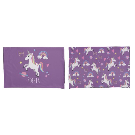 少女たちかわいい紫の一角獣のレインボー&ネームキッズ 枕カバー (フロントセット)