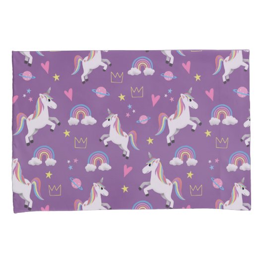 少女たちかわいい紫の一角獣のレインボー&ネームキッズ 枕カバー (正面右)