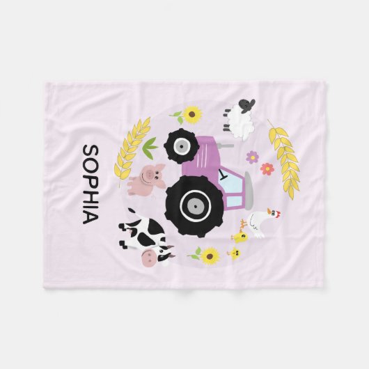 少女たちがかわいいピンクの農用動物をトラクターで子どもの名前を教える フリースブランケット (正面(横))