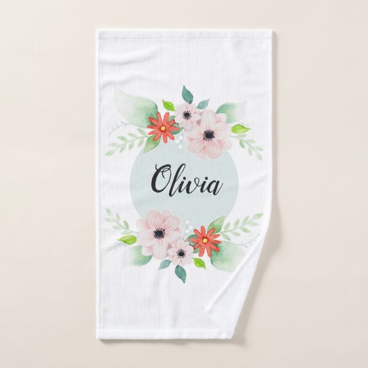 少女たちがかわいいフローラ水彩の花とネームキッズ バスタオルセット (ハンドタオル)