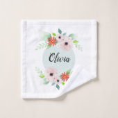 少女たちがかわいいフローラ水彩の花とネームキッズ バスタオルセット (ウォッシュタオル)