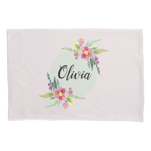 少女たちがかわいい春の植物の花とネームキッズ 枕カバー (正面左)