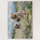 少女とポニー 山々と草原の花の絵 ジグソーパズル (縦)