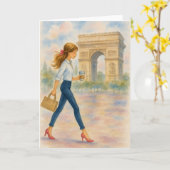 少女と凱旋門 パリの情景 カード (黄色い花)