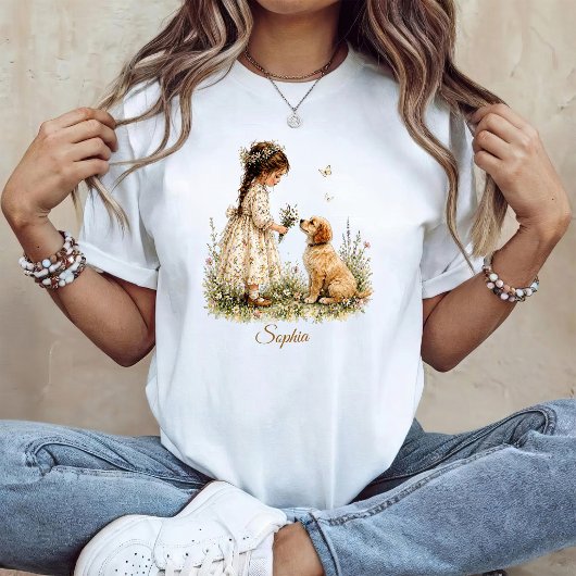 少女と子犬 Tシャツ