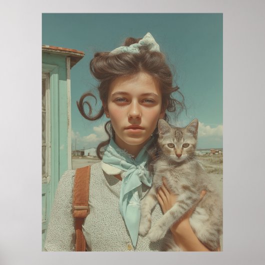 少女と子猫のヴィンテージ・ポートレート ポスター (正面)