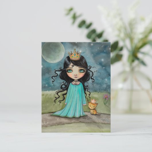 少女と彼女の猫のかわいいプリンセスファンタジーアート ポストカード (スタンド正面)